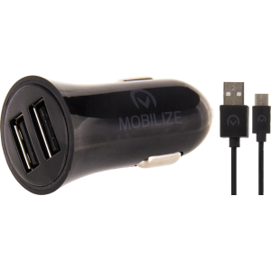 Mobilize Car Charger Dual Usb 2.4A 12W + 1M Usb-C Cable Black