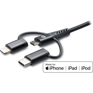 Mobilize Strong Nylon Cable 3In1 Usb To Micro Usb, Usb-C, Apple Mfi Lightning 1.5M Black